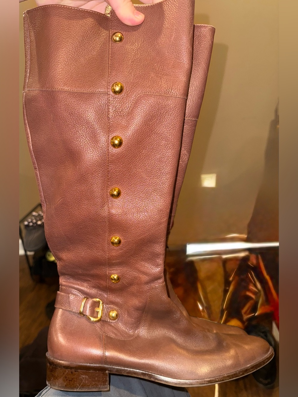 Michael Kors Brown Leather Riding Boots with Gold Hardware and Lining